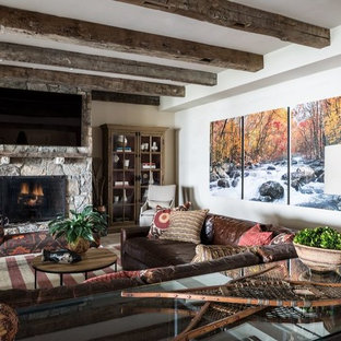 This is an example of a large classic walk-out basement in DC Metro with beige walls, limestone flooring, a standard fireplace and a stone fireplace surround.