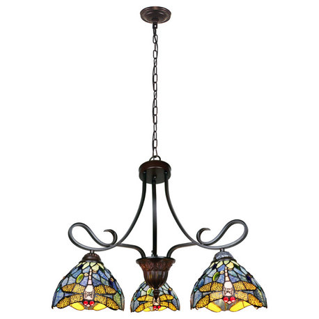 Sunniva Dragonfly Tiffany-Style 3 Light Chandelier 25" Wide