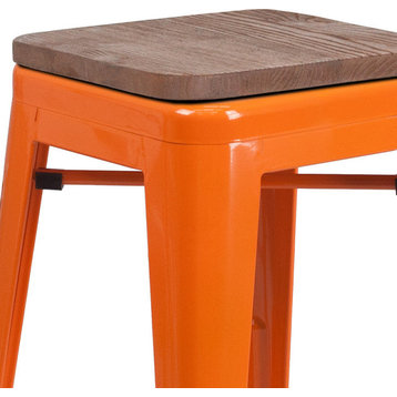 24"High Backless Orange Metal Counter Height Stool with Square Wood Seat