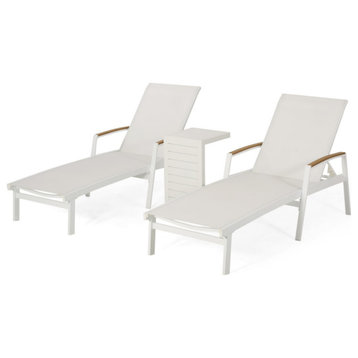 Modesta Outdoor Aluminum Chaise Lounge Set With C-Shaped End Table, White