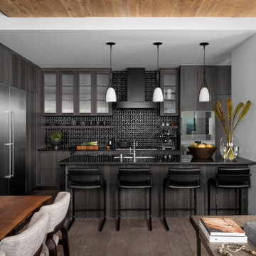 Proper Terrace Penthouse Kitchen with Holly Hunt Shadow Counter Stools