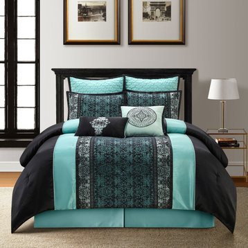 Arabesque 8-Piece Comforter Set, Black/Blue, California King