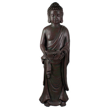 19.5" Gray Standing Buddha With Lotus Outdoor Garden Statue