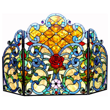 Tiffany-glass 3pcs Folding Victorian Fireplace Screen 44inches Wide