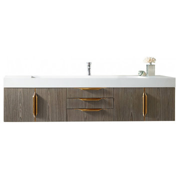 72 Inch Ash Gray Floating Bathroom Vanity, Single, Glossy White Top, Outlets