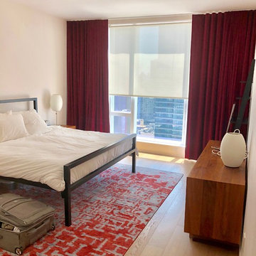 One West End – Rechargeable Shades and Burgundy Drapes