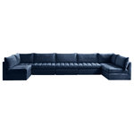 Meridian Furniture - Jacob Velvet Upholstered 7-Piece U-Shaped Modular Sectional, Navy - Create the ideal seating arrangement for your space when you pick and choose the elements you like mostincluding this Jacob velvet modular sectional. Mix and match items in the Jacob collection to bring your living space or family room together with a personalized slant. Soft navy velvet upholstery is soft and welcoming to the touch, adding a luxurious feel to everyday seating. Deep channel tufting adds to the piece's durability, and latches underneath the unit make it easy to attach to other pieces in the collection.