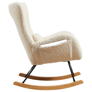 Gewnee Cashmere Upholstered Rocking Chair with High Backrest, Beige