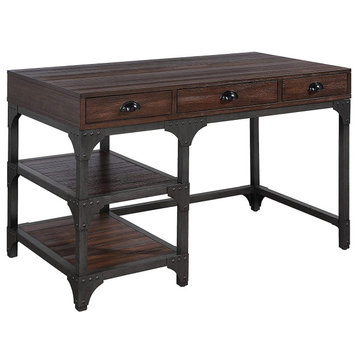 Industrial Desk, Rectangular Top With 3 Drawers and 2 Open Shelves, Espresso Oak