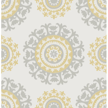 NuWallpaper by Brewster NUW1652 Grey and Yellow Suzani Peel & Stick Wallpaper