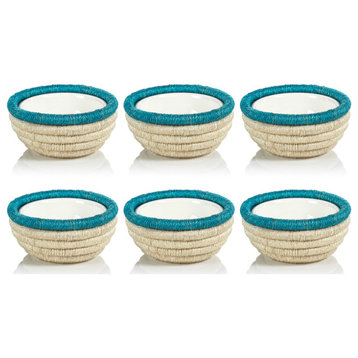Matera 5.25"Coiled Abaca Condiment Bowls, Turquoise, Set of 6