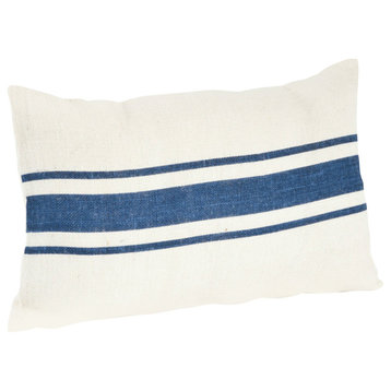 Jute Striped Design Decorative Throw Pillow With Down Filler, Navy Blue, 14"x23"