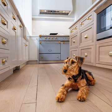 Château Charm: French-Inspired Kitchen Renovation with Plaster Hood Blue Stove a