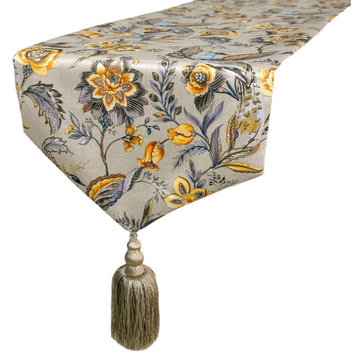Decorative Table Runner Grey Satin 16"x108" Floral, Peacock &Tassles - Merlin