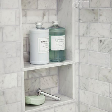 Chic Transitional Marble Guest Bathroom Shower Niche