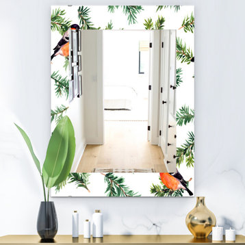Designart Robin Birds On Pine Branch Traditional Frameless Wall Mirror, 28x40