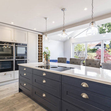 White and blue Shaker kitchen