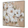 36" Hand Painted Wall Art, White Blossom Roses, Framed Canvas