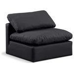 Meridian Furniture - Indulge Upholstered Modular Chair, Black, Fiber Stuffed Vegan Leather, Armless Chair - Experience ultimate comfort and style with our black vegan leather Indulge Armless Chair. The luxurious vegan leather will elevate the aesthetic of any room. This chair provides ample space for you to relax while its modular build offers the option of unlimited configurations. Whether you're looking to add a stylish element to your living room or a comfortable seating option to your bedroom, this chair is the perfect choice.