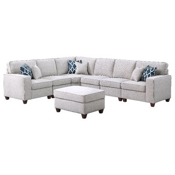 Pemberly Row 7-Piece Upholstered Fabric Sectional with Ottoman in Light Gray
