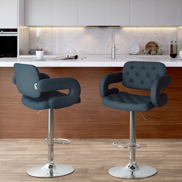 Adjustable Tufted Oatmeal Fabric Barstool With Armrests, Set of 2, Dark Blue