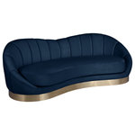 Meridian Furniture - Shelly Velvet Upholstered Sofa, Navy - Unwind and rest when you'rere seated on this Shelly velvet sofa featuring navy velvet upholstery. This lovely piece is just the thing to inject drama into your space whether used on its own or in combination with other items in the Shelly collection. The unique shell shape immediately commands attention, and the brushed gold stainless steel base cements the base in contemporary panache.
