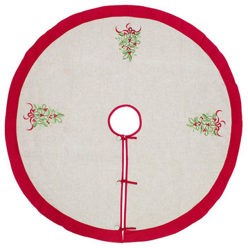 Embroidered Holly Christmas Tree Decorative Tree Skirt 53" Round, Natural+red