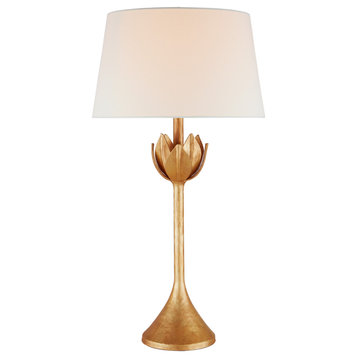 Alberto Large Table Lamp in Antique Gold Leaf with Linen Shade