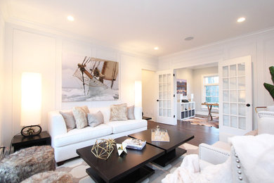 Inspiration for a mid-sized transitional formal and enclosed dark wood floor living room remodel in New York with gray walls, no fireplace and no tv