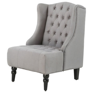 Tall Wingback Tufted Fabric Accent Chair With Nail Head, Gray
