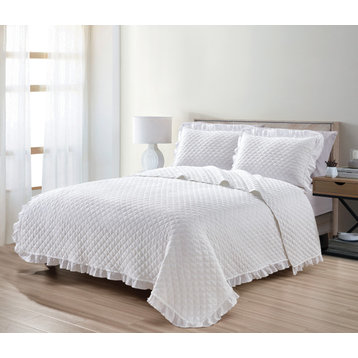 3-Piece Bedspread Coverlet Quilt Set, Lightweight, Ruffle, White, King
