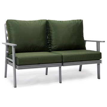 Leisuremod Walbrooke Patio Loveseat With Gray Aluminum Frame, Green