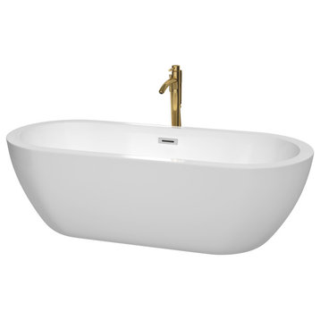 Soho 72" Freestanding White Bathtub, Polished Chrome Trim & Gold Tub Filler