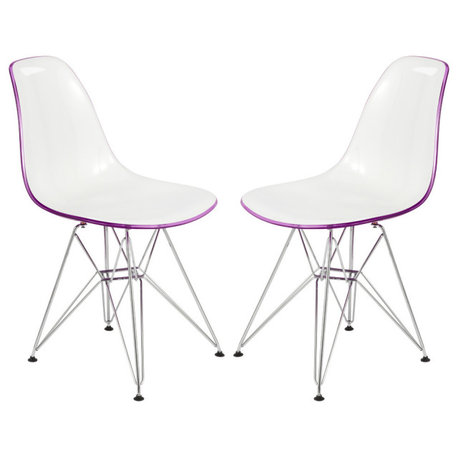 Cresco Acryclic Dining Side Chairs with Eiffel Legs Set of 2, White/Purple