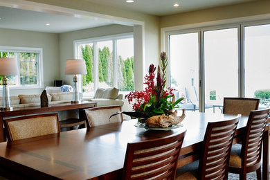 Great room - large transitional porcelain tile great room idea in Seattle with white walls