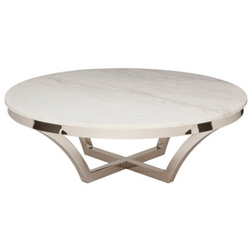 Round Marble Coffee Table With Polished Stainless Steel Base, White Marble