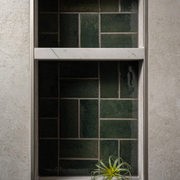 Tiger Mountain Guest Bath Shower Niche Detail in Green Tile with a Basketweave T