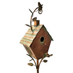 Zaer Ltd - Antique Copper Saran Birdhouse Stake "Sherry" - Adorn your front lawn, walkway, or garden with our new collection of Antique Copper Saran Birdhouse Stakes. Skillfully crafted from durable metal and hand painted with an Antique copper finish, this collection includes four beautifully constructed birdhouses with intricate designs and small bird details, each perched atop a sturdy three prong garden stake. The "Sherry" Birdhouse Stake features a short classic pentagonal shaped birdhouse.