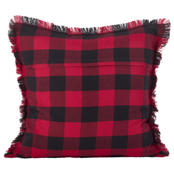 Fringed Buffalo Plaid Design Cotton Throw Pillow With Down Filling, 20"x20", Red