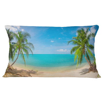 Tropical Beach With Coconut Trees Landscape Photography Throw Pillow, 12"x20"