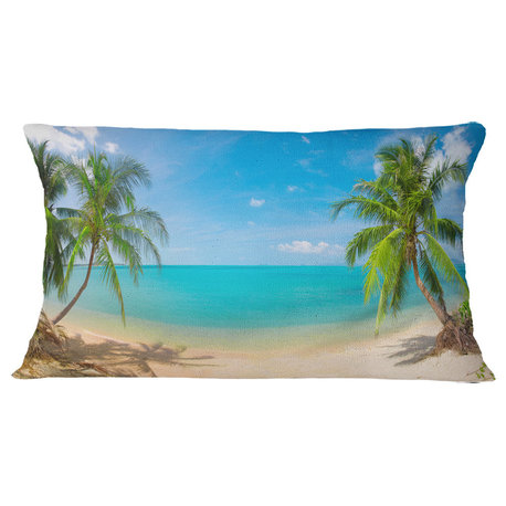 Tropical Beach With Coconut Trees Landscape Photography Throw Pillow, 12"x20"