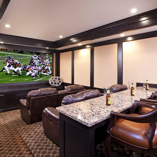 Design ideas for a classic enclosed home cinema in Minneapolis with carpet and a projector screen.