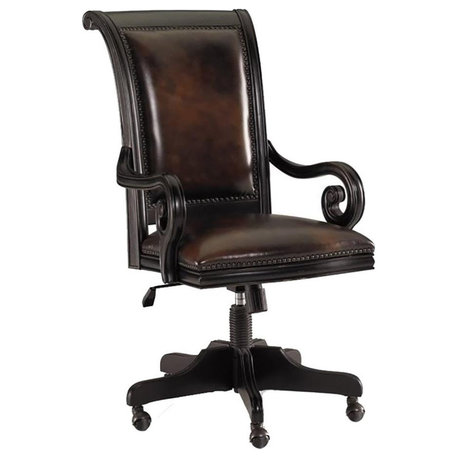 Bowery Hill Rustic Wood/Leather Swivel Office Chair in Black/Reddish Brown