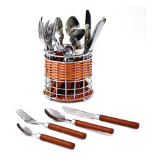 Flatware Set of Stainless Steel with Wood Finish Design Handles and Round Caddy