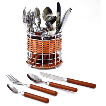 Flatware Set of Stainless Steel with Wood Finish Design Handles and Round Caddy
