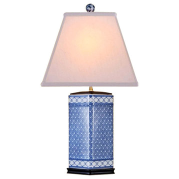 Chinese Blue and White Porcelain Diamond Vase Patterned Table Lamp 26"