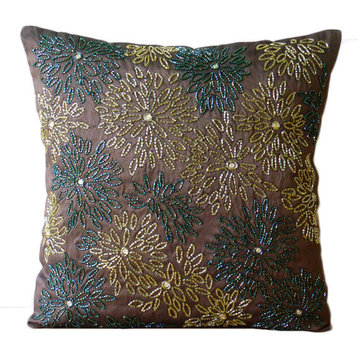Cushion Cover 16"x16" Art Silk Brown Luxury Throw Pillow Covers - Floral Spark