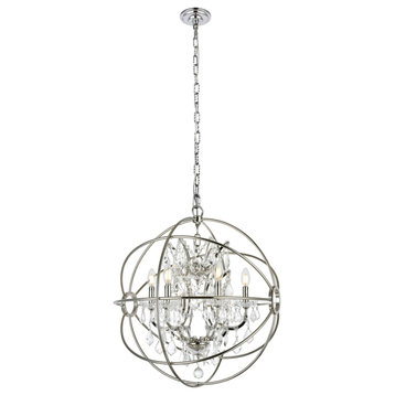 Geneva 6-Light Pendant, Polished Nickel With Clear Royal Cut Crystal