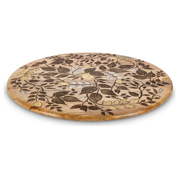 Mango Wood With Laser and Metal Inlay Leaf Design Lazy Susan