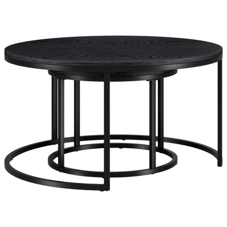Set of Two Black Wood And Steel Round Frame Nested Coffee Tables
